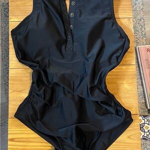 Kona Sol Black One-Piece Swimsuit with Snap Front and Open Back